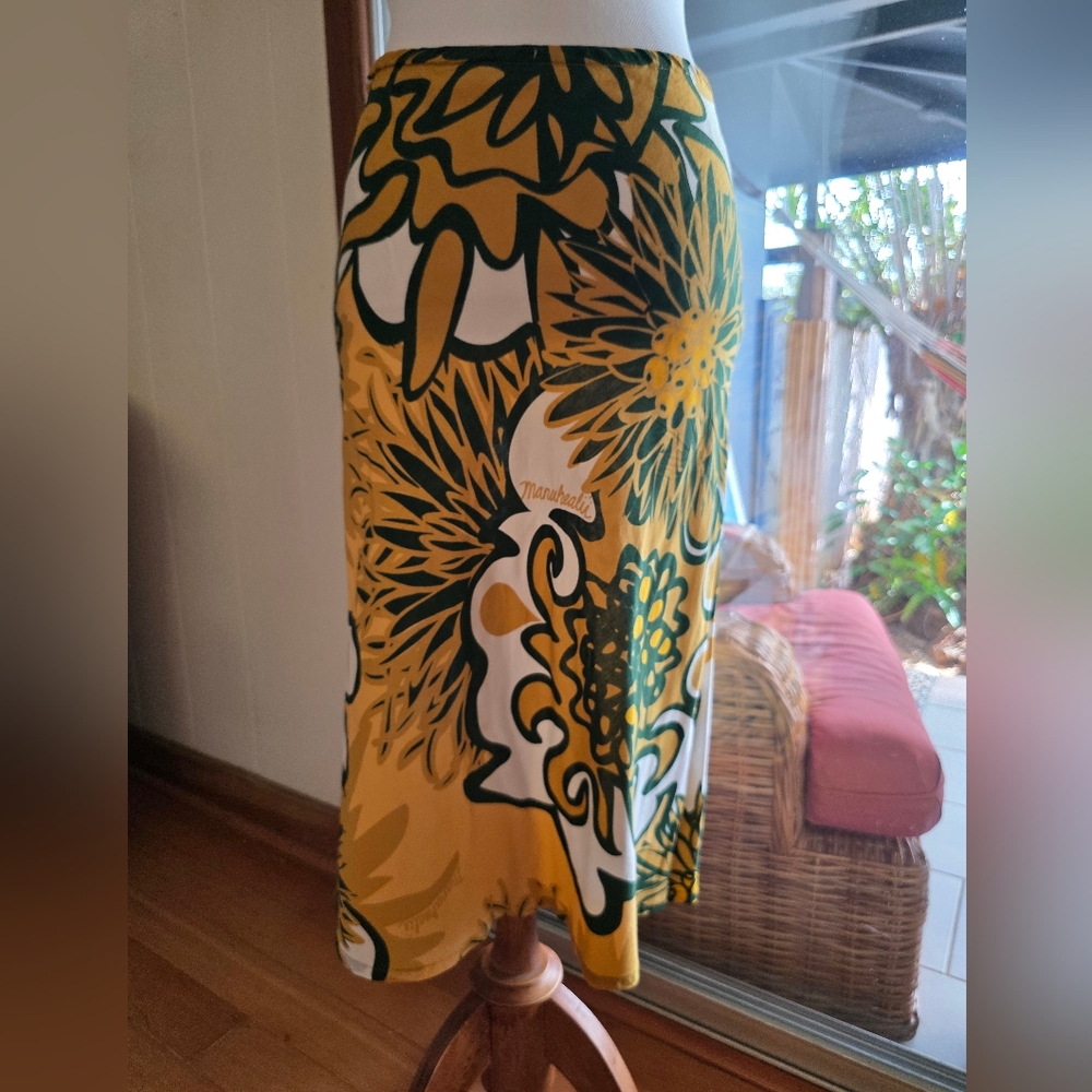 Manuhealii Mustard and Green Hawaiian Floral Print Skirt L